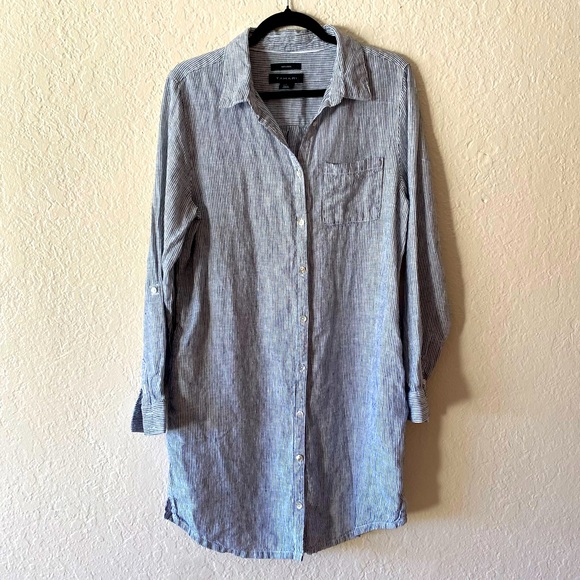 Tahari Long Striped Button Down Linen Beach Shirt Size M Pockets Dress Vacation - Picture 1 of 8